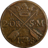 Sweden Frederick I 1748 2 Ore, S.M.Avesta Mint.Mintage-461,000 KM# 437 (14 596)