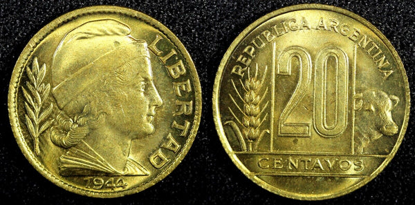 Argentina Aluminum-Bronze 1944 20 Centavos GEM BU COIN KM# 42 (23 960)