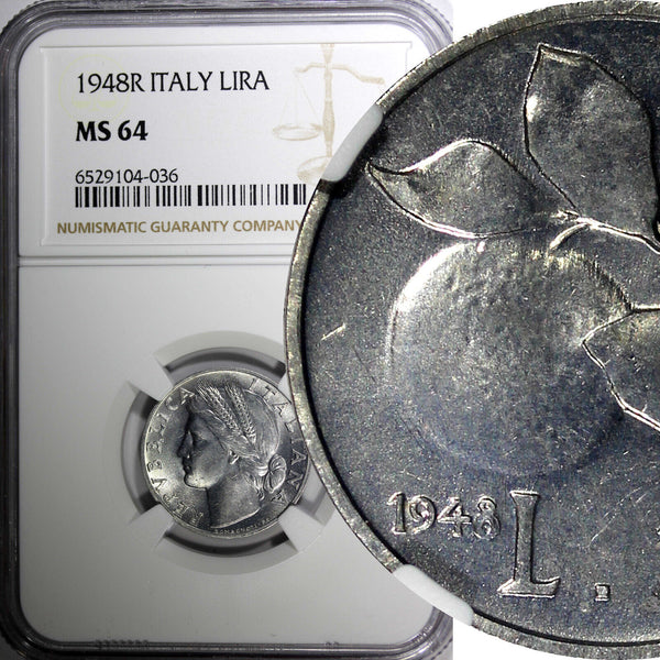 Italy Aluminum 1948 R 1 Lira NGC MS64 ONLY 1 COIN GRADED HIGHEST KM# 87 (36)