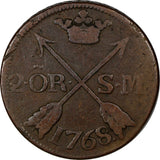 SWEDEN Adolf Frederick Copper 1768 2 Ore S.M. Low Mintage-168.000 KM# 461 (264)