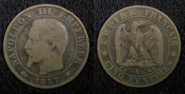 FRANCE Napoleon III Bronze 1857 A 5 Centimes Paris Mint KM# 777.1 (22 473)