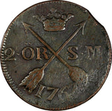 SWEDEN Adolf Frederick Copper 1767 SM 2 Ore Low Mintage-467,000 KM# 461 (19 613)