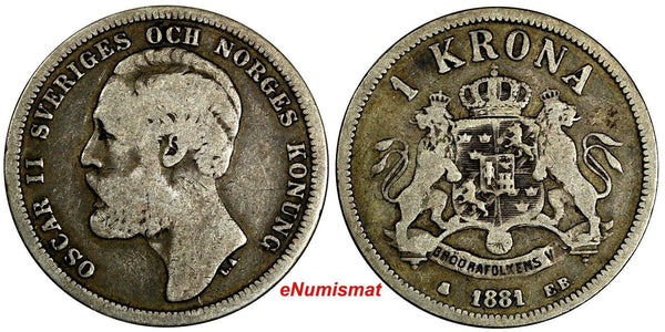 Sweden Oscar II Silver 1881 EB 1 Krona Mintage-619,000 BETTER DATE KM# 747 (652)