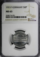 Germany, Weimar Republic 1921 F 50 Pfennig NGC MS63 Stuttgart Mint KM# 27 (051)
