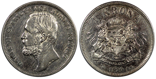 Sweden Oscar II Silver 1890 EB 1 Krona  Mintage-594,000 KM# 760  (20 857)