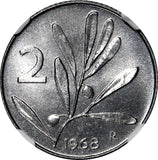 Italy 1968 R 2 Lire NGC MS65 Mintage-100,000 SCARCE DATE TOP GRADED KM# 94 (029)