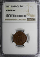 SWEDEN Oscar II Bronze 1897 2 Ore NGC MS64 BN TOP GRADED COIN BY NGC ! KM# 746
