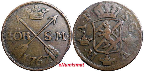 SWEDEN COPPER Adolf Frederick 1767 2 Ore,S.M  Low Mintage:467,000  KM#461(2377A)