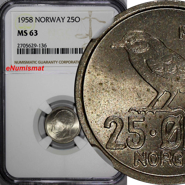 Norway Olav V Copper-Nickel 1958 25 Øre NGC MS63 KEY DATE 1st Year KM# 407 (36)