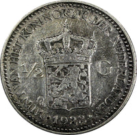 Netherlands Wilhelmina I Silver 1922 1/2 Gulden KM# 160 (20 666)