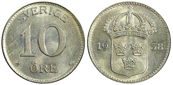 Sweden Gustaf V (1907-1950) Silver 1938 G 10 Öre UNC KM# 780 (22 075)