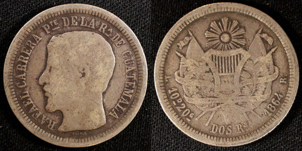GUATEMALA Silver 1864 R 2 Reales Rafael Carrera Mintage-176,058 KM# 139 (23 309)