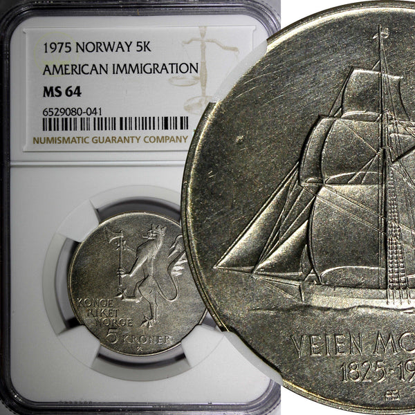 Norway Olav V 1975 5 Kroner NGC MS64 Immigration to America KM# 422 (041)