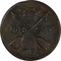 SWEDEN Adolf Frederick Copper 1764 SM 2 Ore SCARCE  KM# 461 (19 616)