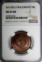 Jordan Hussein Bronze AH1383 1964 10 Fils, Qirsh, Piastre NGC MS65 RB KM# 10 (3)