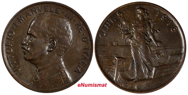 Italy Vittorio Emanuele III Bronze 1918 R 5 Centesimi Last Year aUNC KM# 42 (23)