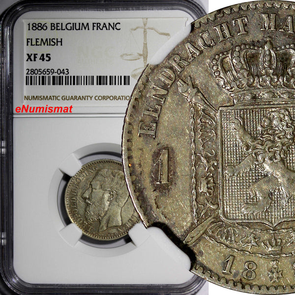Belgium Leopold II Silver 1886 Franc Flimish NGC XF45 KEY DATE SCARCE KM29.1 (3)