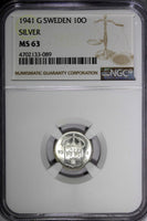 SWEDEN Gustaf V Silver 1941-G 10 Ore NGC MS63 WWII Issue Light Toned KM# 780 (9)
