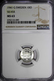 SWEDEN Gustaf V Silver 1941-G 10 Ore NGC MS63 WWII Issue Light Toned KM# 780 (9)