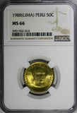 Peru Brass 1988 (LIMA) 50 Centimos NGC MS66 1 GRADED HIGHEST KM# 295 (016)