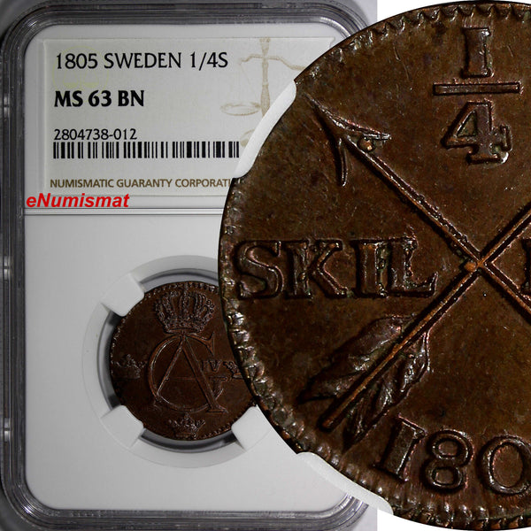 Sweden Gustaf IV Adolf Copper 1805 1/4 Skilling NGC MS63 BN Nice KM# 564 (012)