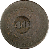 Brazil Copper 1829 R 40 Reis Countermarked 80 Réis of Pedro I KM# 444.1 (17 270)