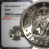 Great Britain George VI Copper-Nickel 1951 6 Pence NGC MS64 Toned KM# 875 (045)