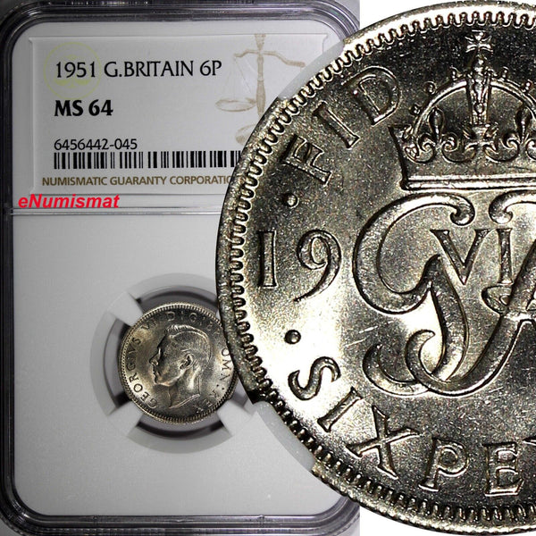 Great Britain George VI Copper-Nickel 1951 6 Pence NGC MS64 Toned KM# 875 (045)