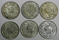 Switzerland Silver LOT OF 6 COINS 1950-1960 1/2 Franc  KM# 23