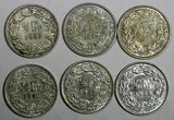 Switzerland Silver LOT OF 6 COINS 1950-1960 1/2 Franc  KM# 23