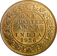 India-British George V Bronze 1936 (B) 1/4 Anna ch.UNC Toned KM# 512  (23 661)
