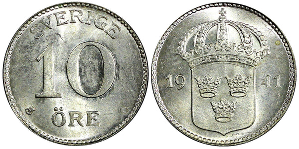 Sweden Gustaf V (1907-1950) Silver 1941 G 10 Öre  GEM BU KM# 780 (22 080)