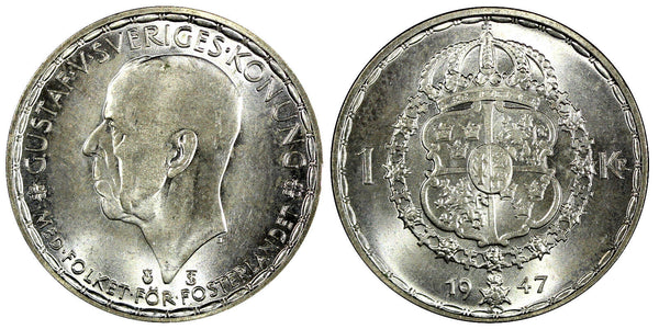 Sweden Gustaf V Silver 1947 TS 1 Krona Unc/BU 25mm KM# 814 (22 107)