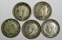 Great Britain Lot of 5 Silver Coins 1917-1940 3 Pence  KM813 ;KM831 KM848 (416)