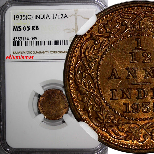 India-British George V Bronze 1935 (C) 1/12 Anna NGC MS65 RB KM# 509 (085)