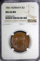 NORWAY Olav V Bronze 1961 5 Øre NGC MS64 BN ONLY 1 GRADED HIGHEST KM# 405 (071)