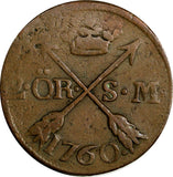 SWEDEN Adolf Frederick (1751-1771) 1760 S.M. 2 Ore Mintage-558,000 KM#461 15102