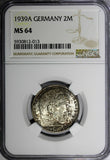 Germany-Third Reich Silver 1939 A 2 Reichs Mark NGC MS64 Hindenburg KM# 93 (013)