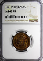 Portugal Bronze 1921 5 Centavos NGC MS63 RB 3 YEARS TYPE KM# 569