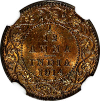 India-British George V Bronze 1914 (C) 1/12 Anna NGC MS63 RB KM# 509