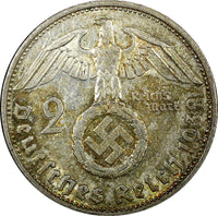 Germany - Third Reich Silver 1938 G 2 Reichs Mark Hindenburg KM# 93 (22 292)