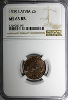 LATVIA Bronze 1939 2 Santimi NGC MS63 RB 1 YEAR TYPE Mint Luster KM# 11.2 (91)