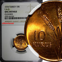 Turkey Bronze 1974 10 Kurus FAO NGC UNC DETAILS NICE RED TONING KM# 898.2 (020)