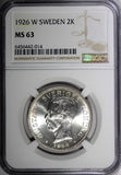 Sweden Gustaf V Silver 1926 W 2 Kronor NGC MS63 Mintage-221 577 KM# 787 (014)