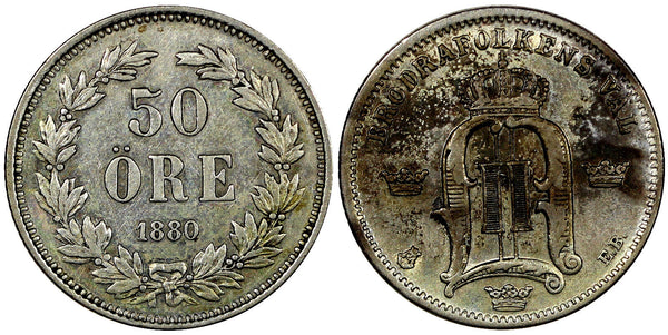 Sweden Oscar II Silver 1880 EB 50 Öre Mintage-188,000 SCARCE DATE KM# 740 (856)