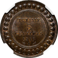 Tunisia Muhammad V AH1334/1916 A 5 Centimes NGC MS66 BN TOP GRADED KM# 235 (002)