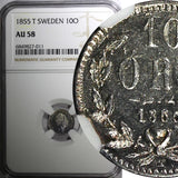SWEDEN Oscar I (1844-1859) Silver 1855 T 10 Ore NGC AU58 KM# 683 (011)