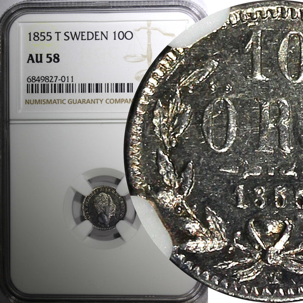 SWEDEN Oscar I (1844-1859) Silver 1855 T 10 Ore NGC AU58 KM# 683 (011)