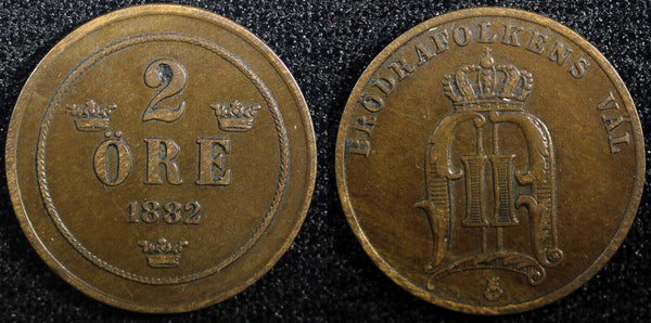 Sweden Oscar II Copper 1882 2 Ore  XF KM# 746   (23 128)