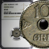 NORWAY Haakon VII 1951 10 Ore CENTER HOLE NGC XF45 KM# 383 (088)